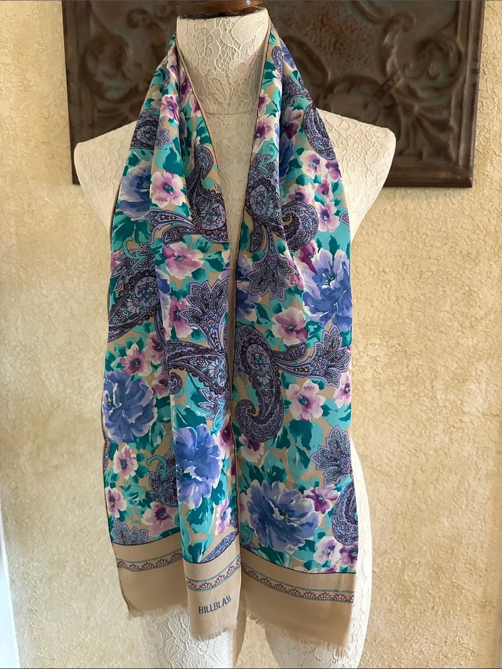 bill blass Teal, Purple and Cream Floral Paisley Silk Scarf